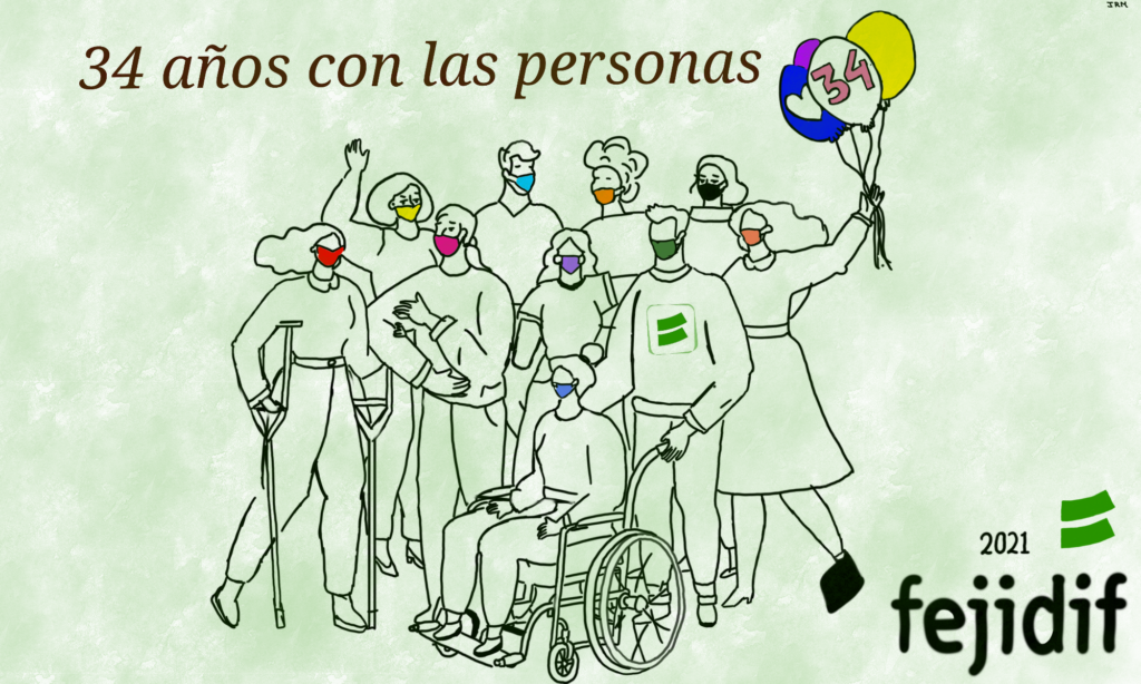 Imagen conmemorativa del aniversario. 34 años con la personas