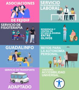 Asociaciones de FEJIDIF. Servicios de intermediación laboral. Servicio de fisioterapia. Residencia y centro de estancia diurna Entre Olivos. Guadalinfo. Retos para la autonomía personal. Servicio de transporte adaptado. Asesoría de accesibilidad universal